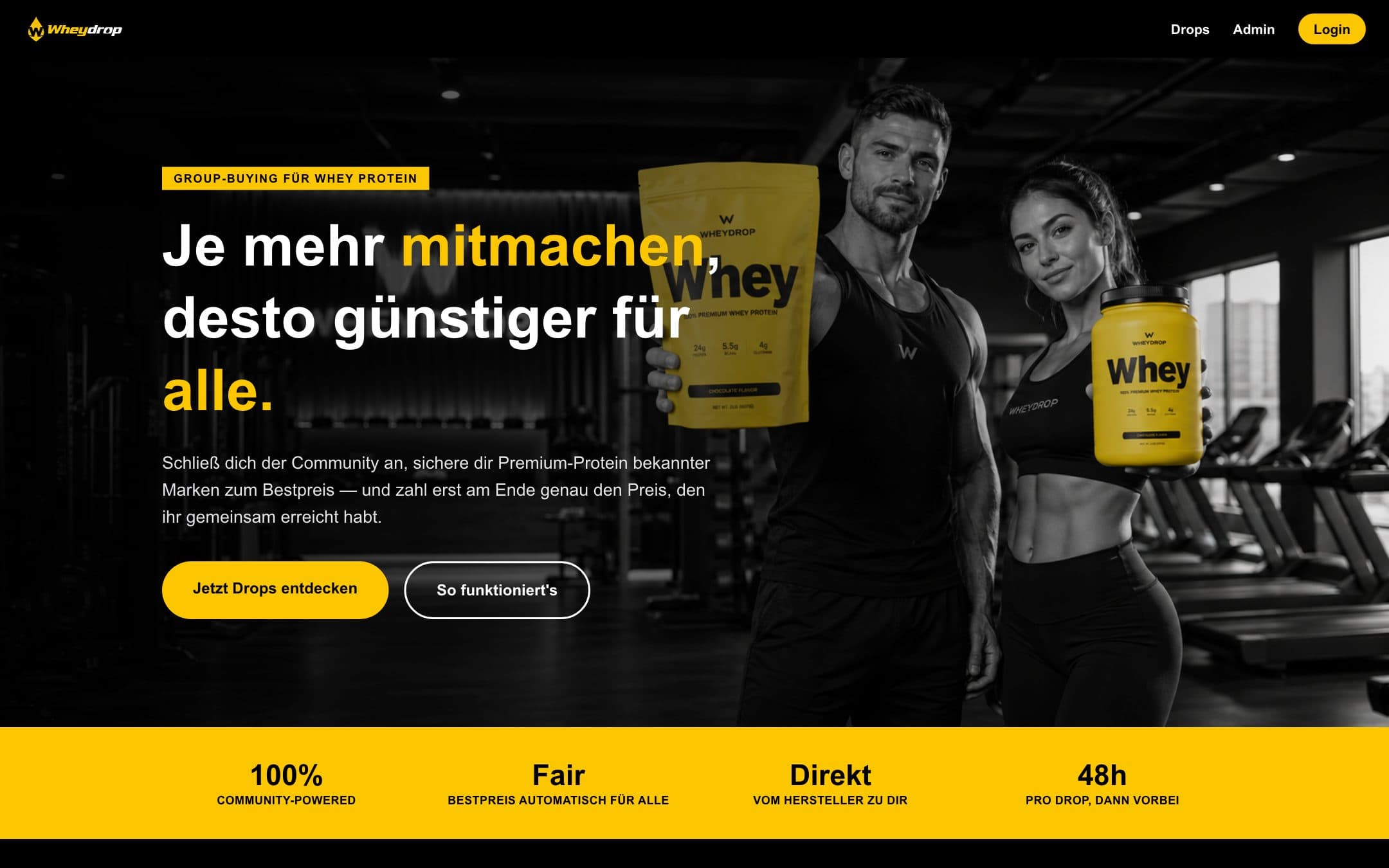 Startseite von Wheydrop mit dem Slogan Je mehr mitmachen, desto günstiger für alle